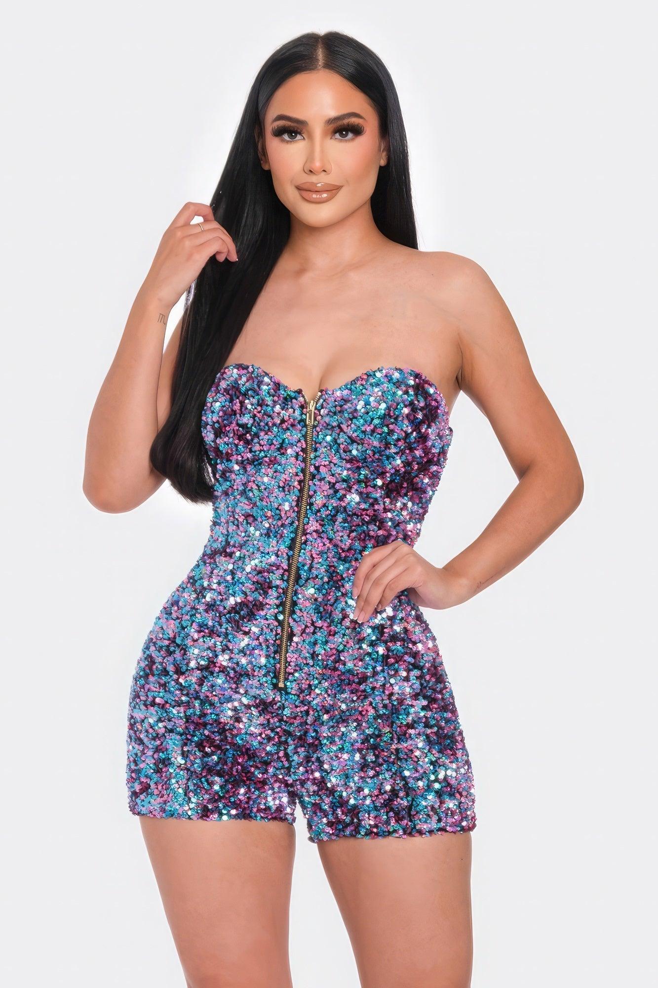 Multi Sequins Tube Top Romper - AMIClubwear