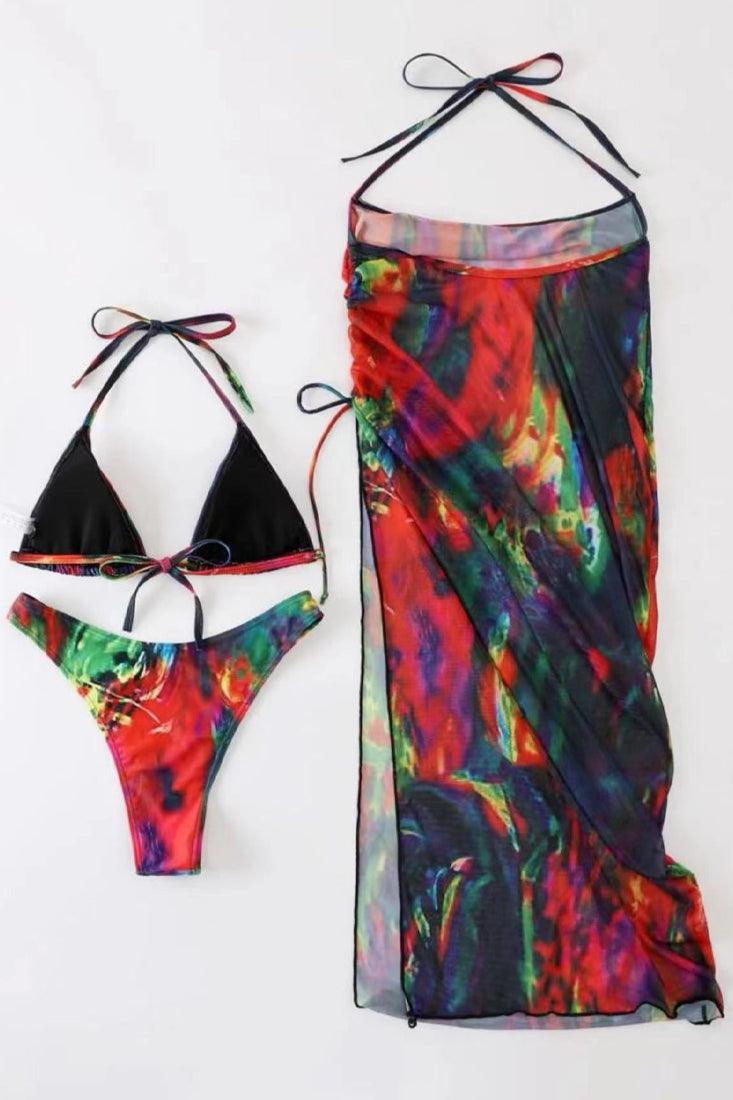 Multi Tie Dye Triangle Cheeky Halter Mesh Maxi Cover-Up 3Pc Swimsuit Set - AMIClubwear