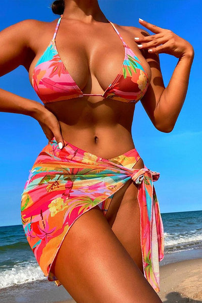 Multi Tropical Vacation Print Triangle Cheeky 3 Pc Swimsuit Set Bikini - AMIClubwear