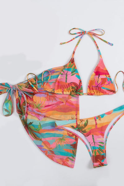 Multi Tropical Vacation Print Triangle Cheeky 3 Pc Swimsuit Set Bikini - AMIClubwear