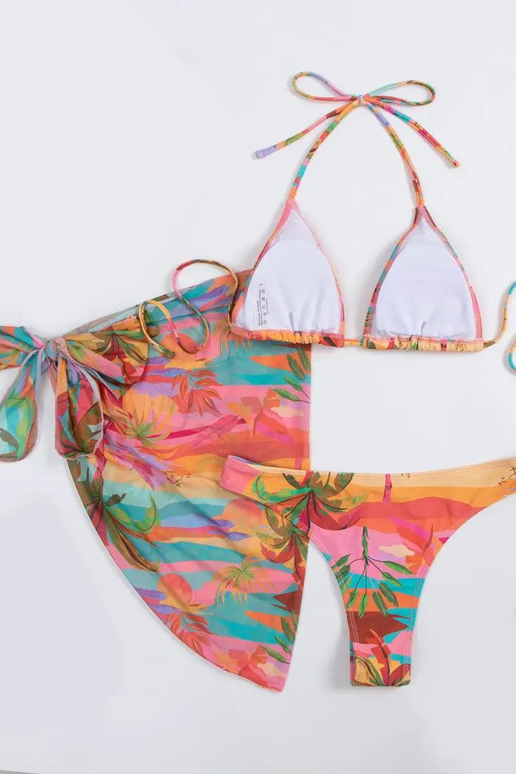 Multi Tropical Vacation Print Triangle Cheeky 3 Pc Swimsuit Set Bikini