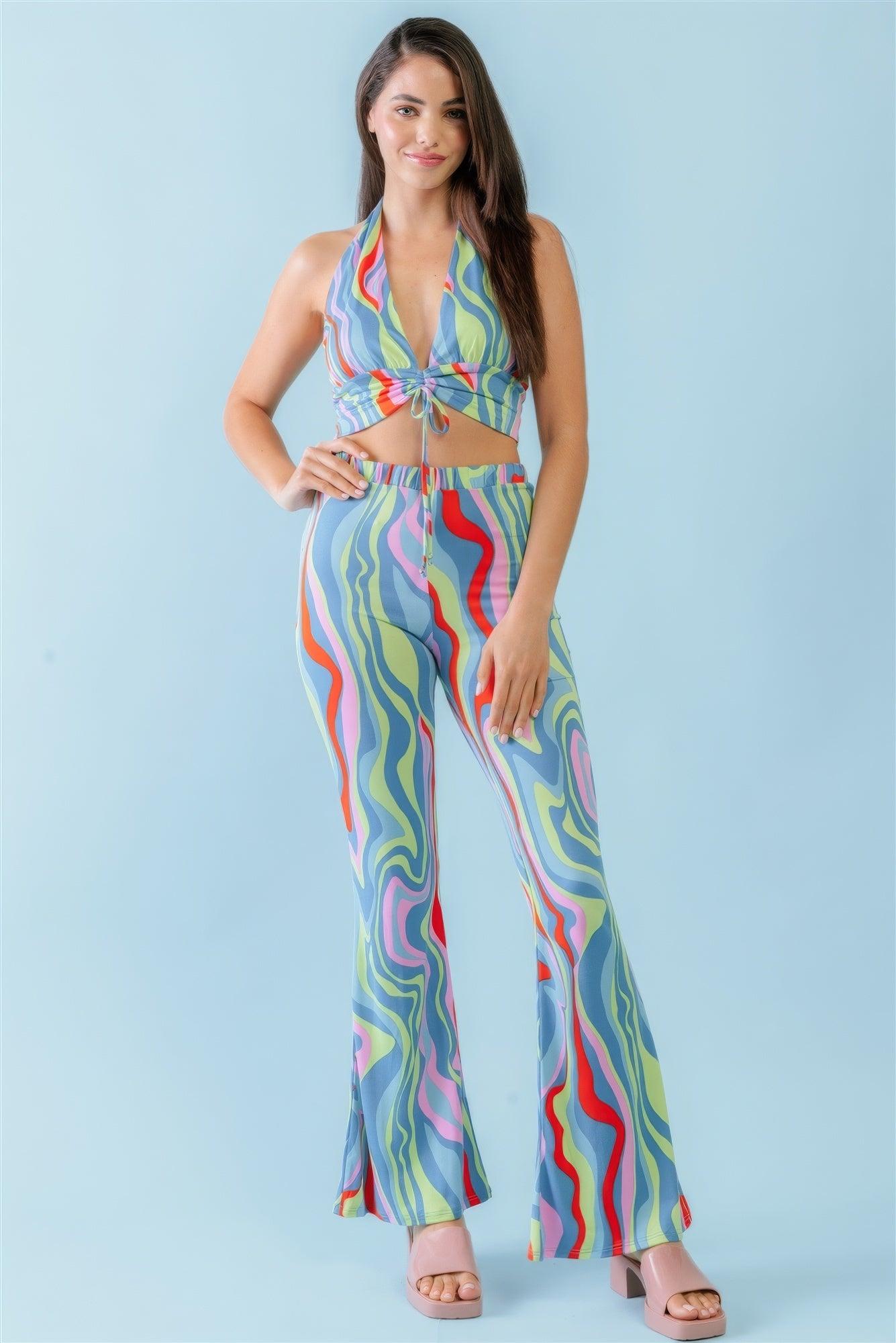Multicolor Abstract Print Halter V-neck Ruched Open Back Crop Top & High Waist Pants Set - AMIClubwear