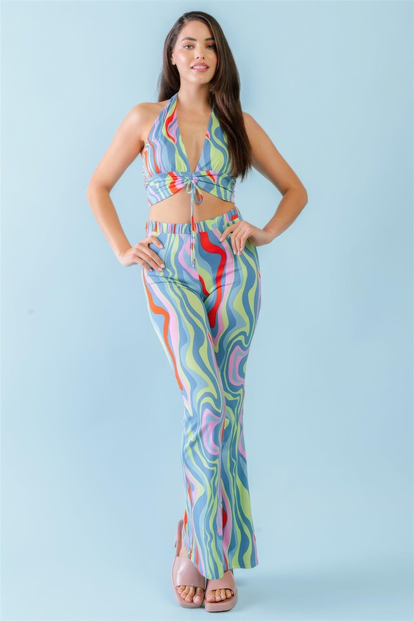 Multicolor Abstract Print Halter V-neck Ruched Open Back Crop Top & High Waist Pants Set - AMIClubwear