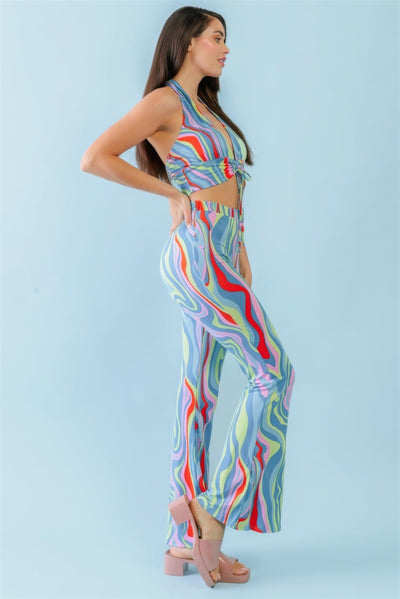 Multicolor Abstract Print Halter V-neck Ruched Open Back Crop Top & High Waist Pants Set - AMIClubwear