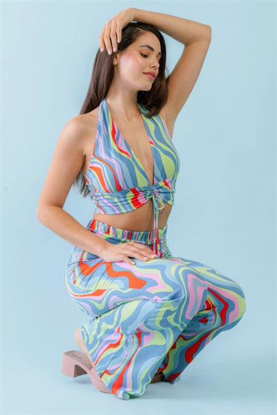 Multicolor Abstract Print Halter V-neck Ruched Open Back Crop Top & High Waist Pants Set - AMIClubwear