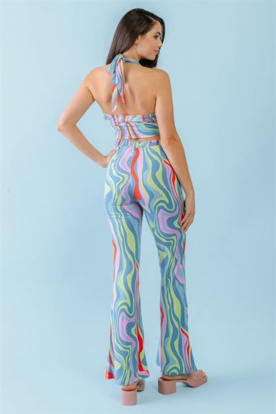 Multicolor Abstract Print Halter V-neck Ruched Open Back Crop Top & High Waist Pants Set - AMIClubwear