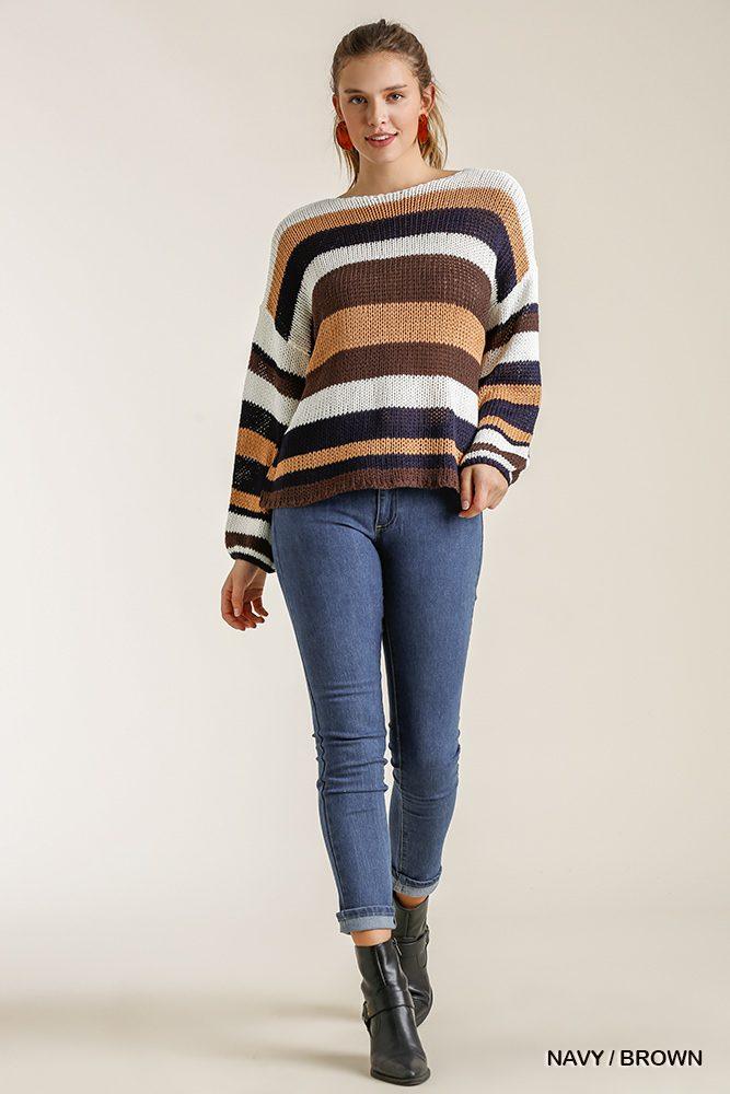 Multicolored Stripe Round Neck Long Sleeve Knit Sweater - AMIClubwear