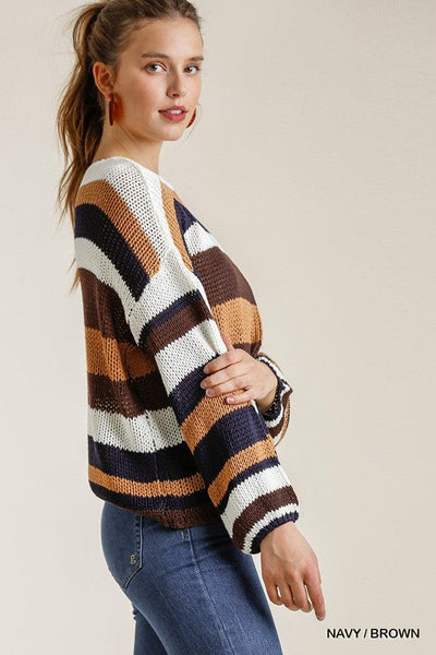 Multicolored Stripe Round Neck Long Sleeve Knit Sweater - AMIClubwear