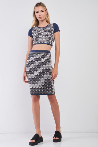 Navy & White Geometrical Pattern Short Sleeve Crop Top & High-waisted Pencil Skirt Two Piece Set - AMIClubwear