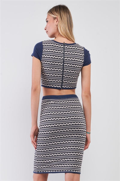 Navy & White Geometrical Pattern Short Sleeve Crop Top & High-waisted Pencil Skirt Two Piece Set - AMIClubwear