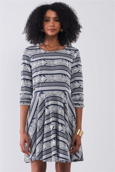 Navy & White Multi Print Round Neck 3/4 Sleeve A-line Mini Dress - AMIClubwear