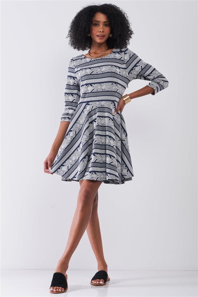 Navy & White Multi Print Round Neck 3/4 Sleeve A-line Mini Dress - AMIClubwear