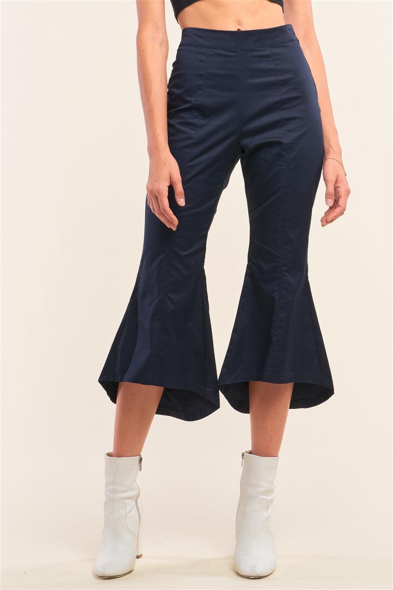 Navy Solid High Waisted Retro Bell Bottom Flare Pants - AMIClubwear