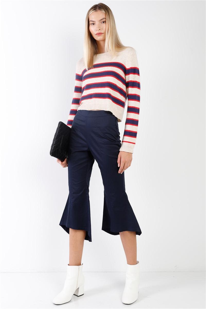 Navy Solid High Waisted Retro Bell Bottom Flare Pants - AMIClubwear