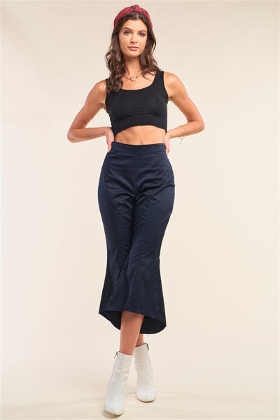 Navy Solid High Waisted Retro Bell Bottom Flare Pants - AMIClubwear