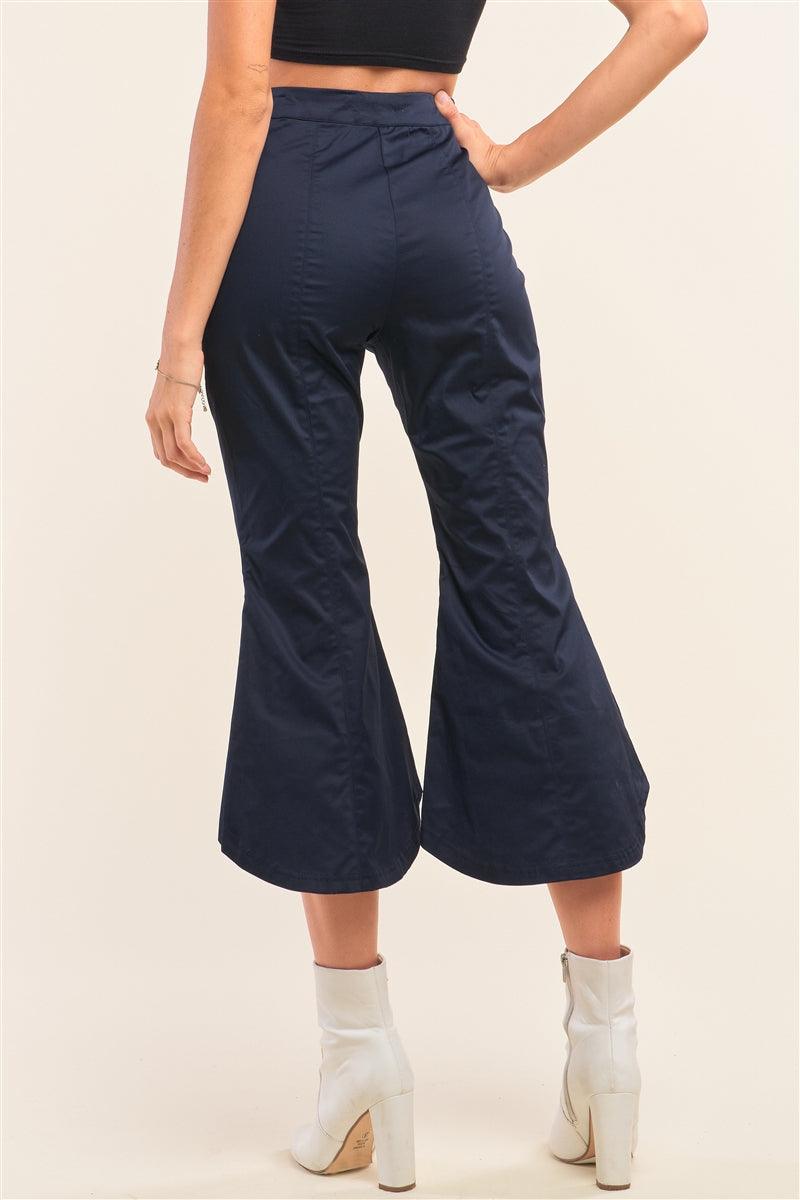 Navy Solid High Waisted Retro Bell Bottom Flare Pants - AMIClubwear