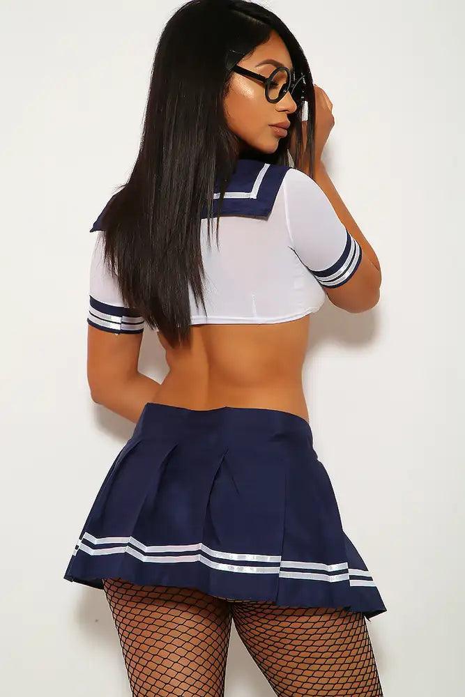 Navy White Tie Crop Top Skirt 2Pc Sexy Sailor Costume - AMIClubwear