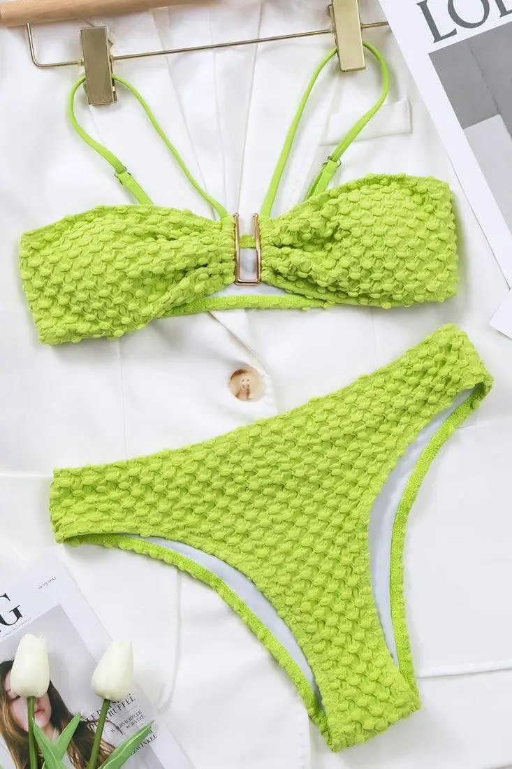 Neon Green Texted Metal Decor Halter Cheeky 2 Pc Sexy Swimsuit Set Bikini