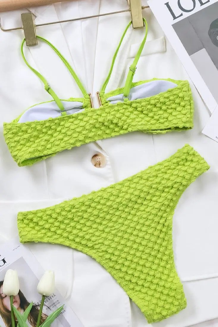 Neon Green Texted Metal Decor Halter Cheeky 2 Pc Sexy Swimsuit Set Bikini