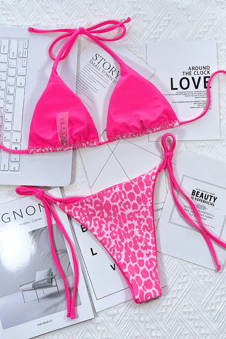 Neon Pink Leopard Print Halter Sexy Cheeky Two Piece Swimsuit Bikini - AMIClubwear