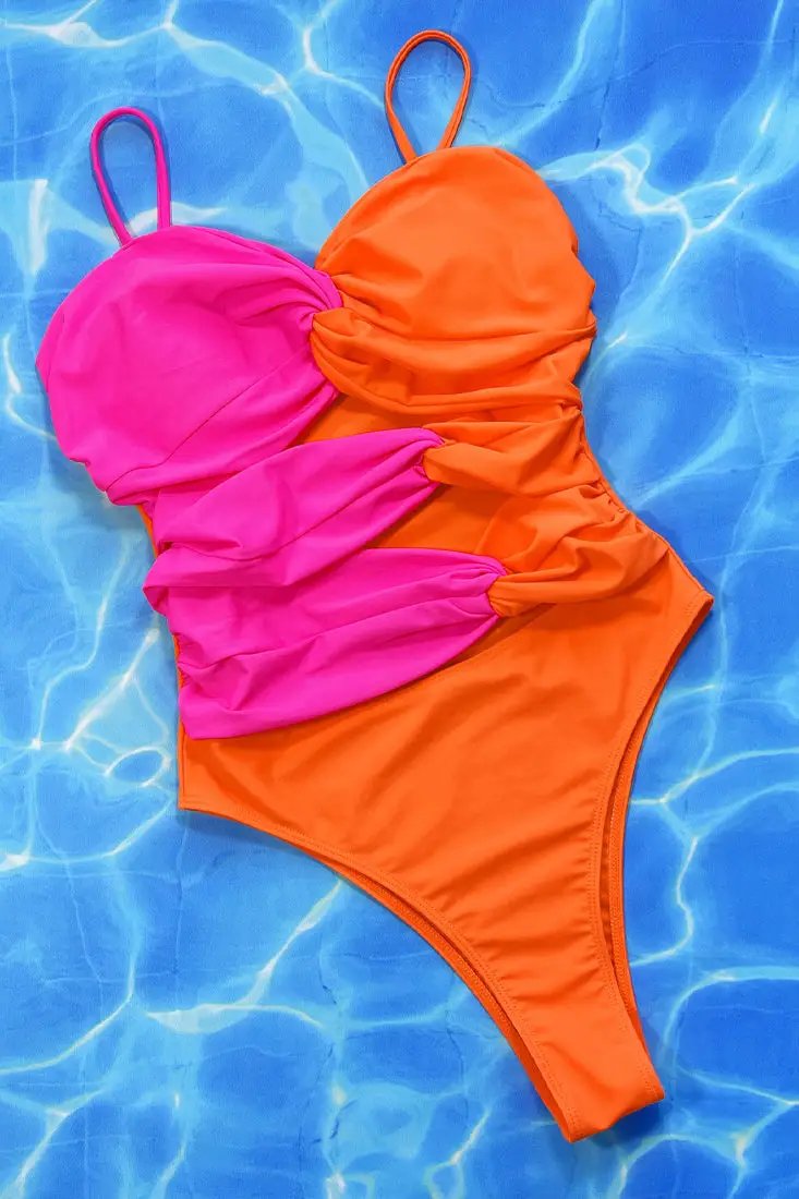 Neon Pink Orange Cut-out Twisted Cheeky 1pc Swimsuit Monokini