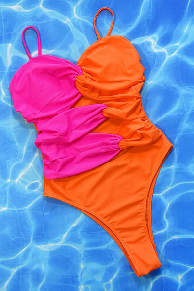 Neon Pink Orange Cut-out Twisted Cheeky 1pc Swimsuit Monokini - AMIClubwear