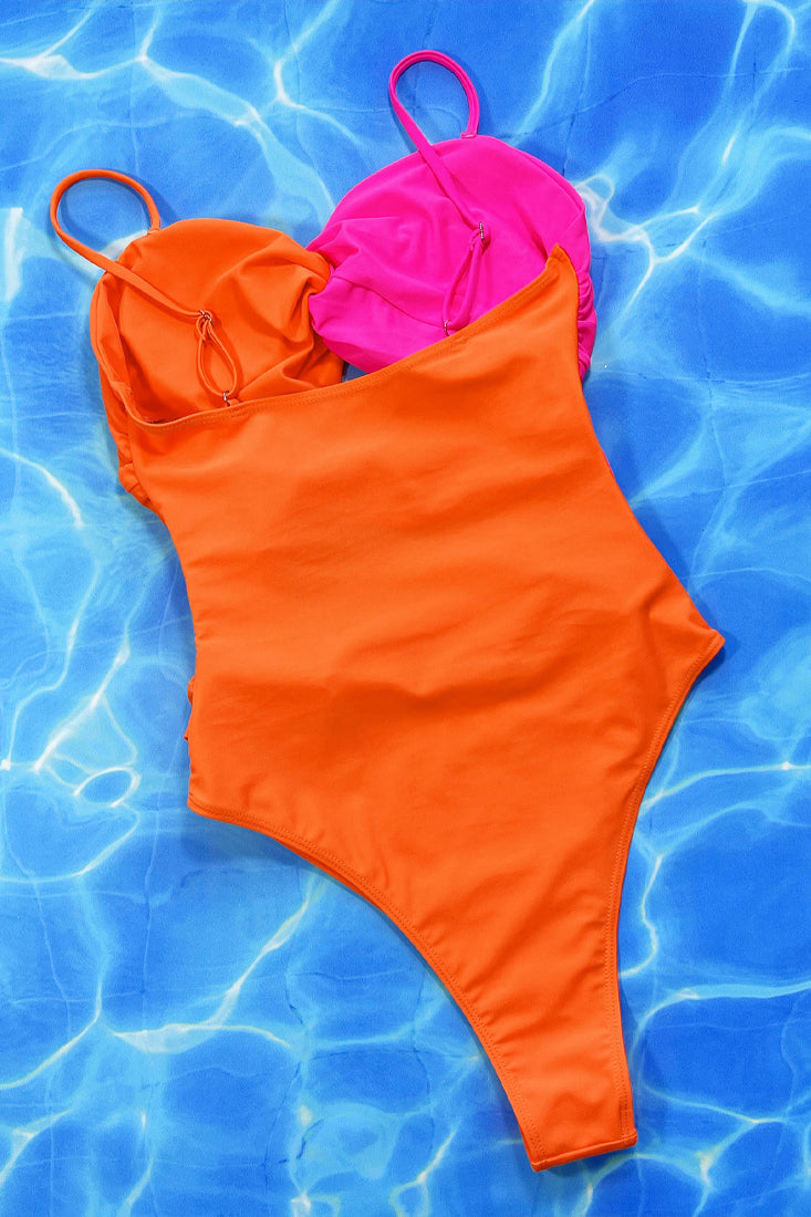 Neon Pink Orange Cut-out Twisted Cheeky 1pc Swimsuit