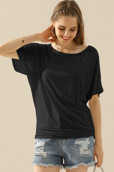 Ninexis Boat Neck Short Sleeve Ruched Side Top - AMIClubwear