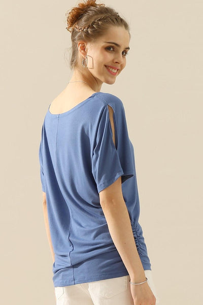 Ninexis Boat Neck Short Sleeve Ruched Side Top - AMIClubwear