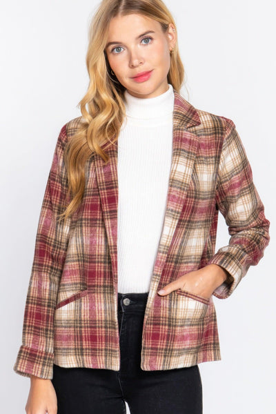 Notched Collar Plaid Jacket - AMIClubwear