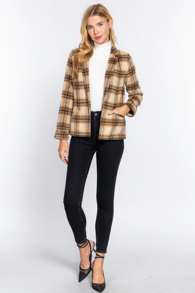 Notched Collar Plaid Jacket - AMIClubwear