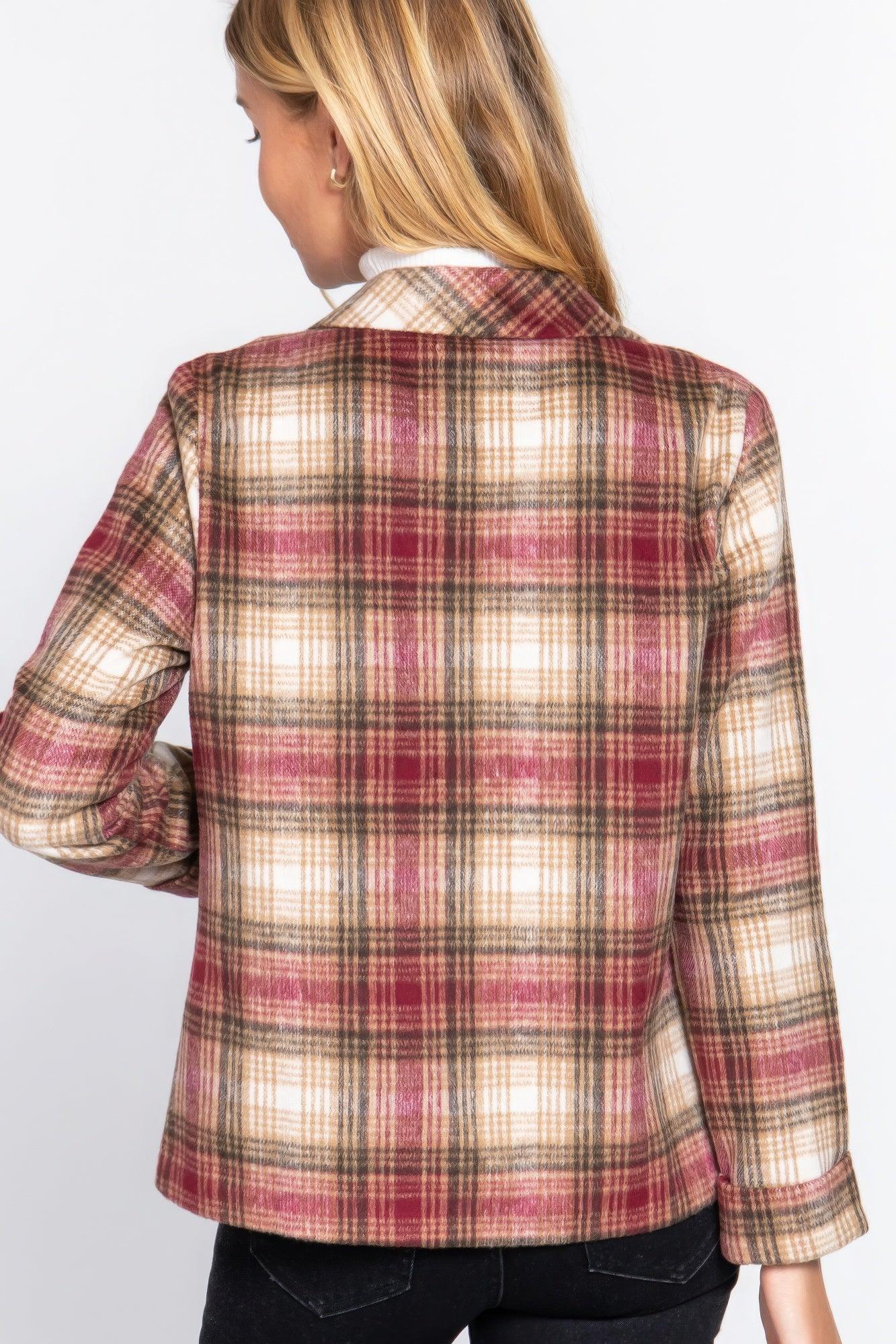 Notched Collar Plaid Jacket - AMIClubwear