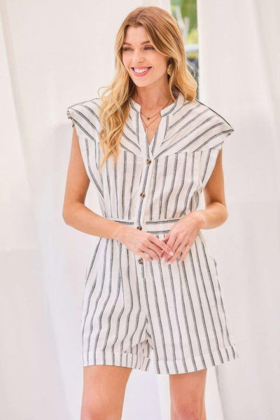 Notched Neck Button Elastic Band Waist Stripe Print Romper - AMIClubwear