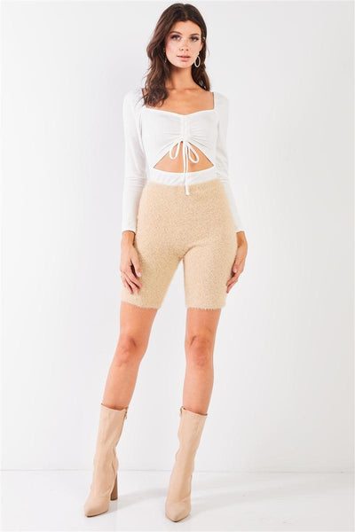 Oatmeal Beige Knit High Waist Stretchy Warm Fuzzy Biker Shorts - AMIClubwear