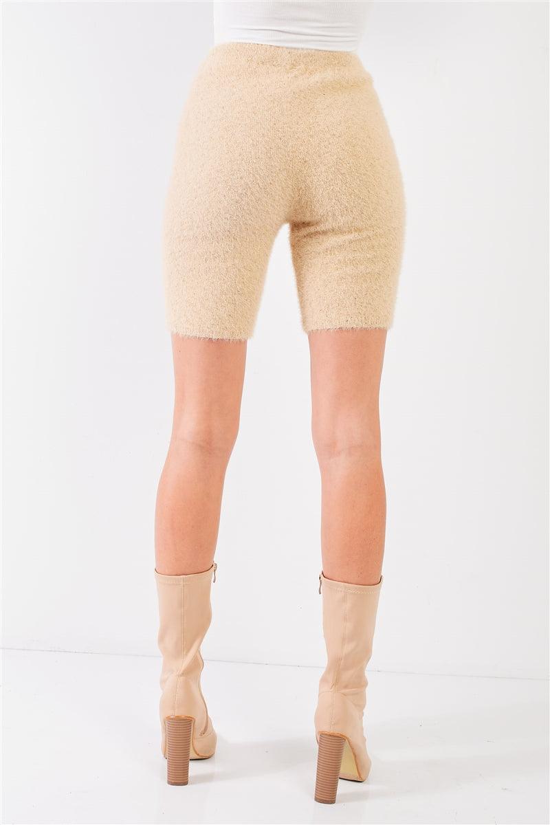 Oatmeal Beige Knit High Waist Stretchy Warm Fuzzy Biker Shorts - AMIClubwear