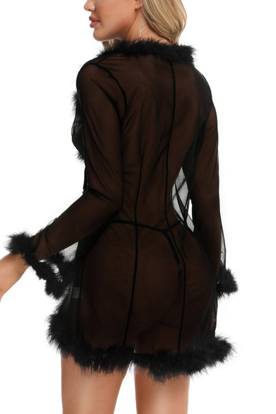 Black Mesh Fur Trim Robe Thong 2Pc Lingerie Set