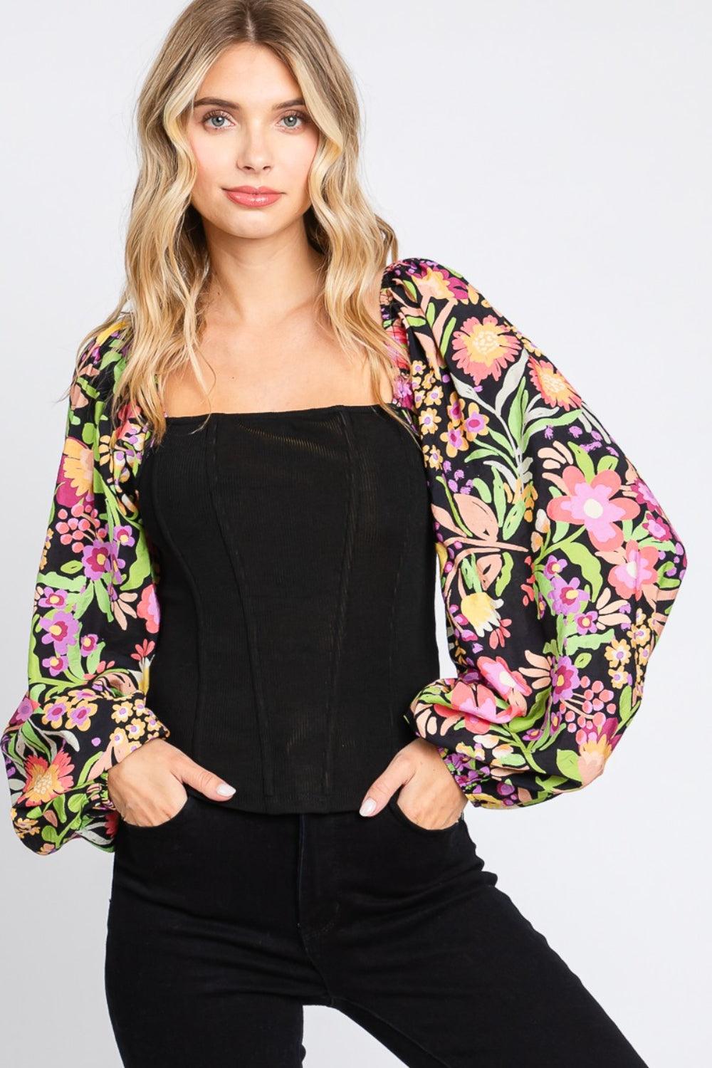 ODDI Full Size Floral Balloon Sleeve Blouse - AMIClubwear