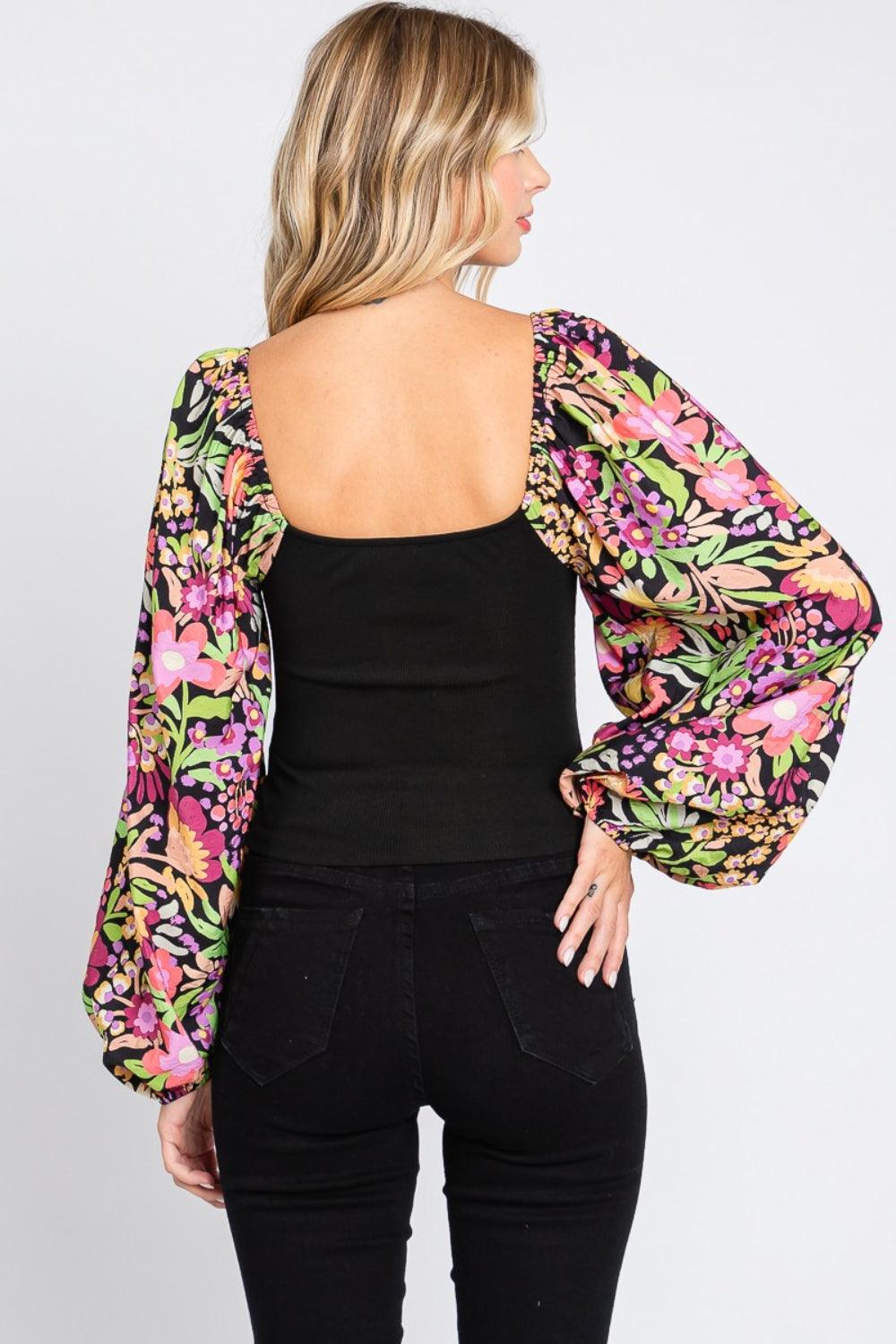 ODDI Full Size Floral Balloon Sleeve Blouse - AMIClubwear