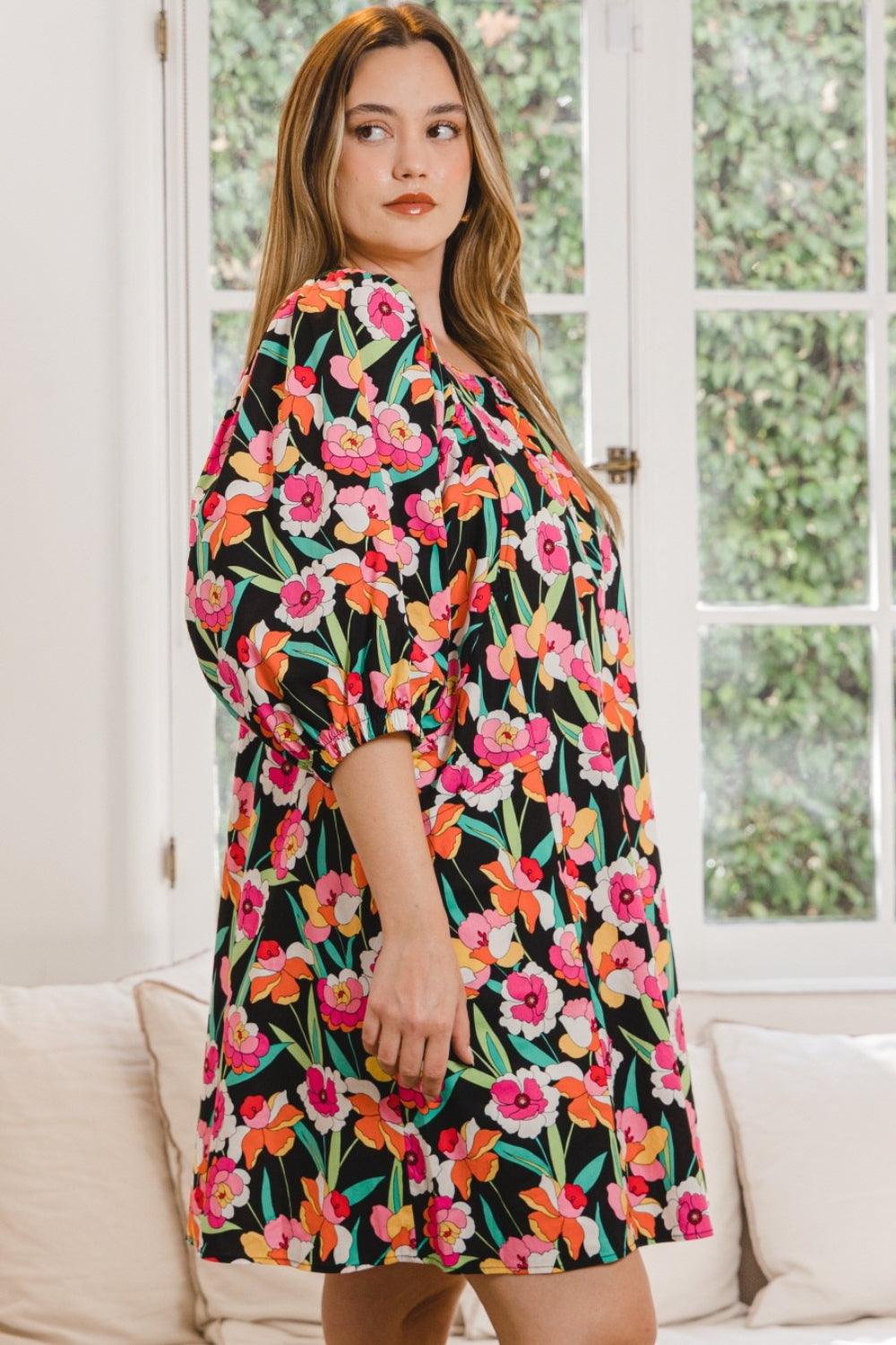 ODDI Full Size Floral Puff Sleeve Mini Dress - AMIClubwear