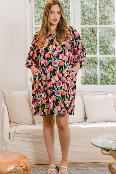 ODDI Full Size Floral Puff Sleeve Mini Dress - AMIClubwear