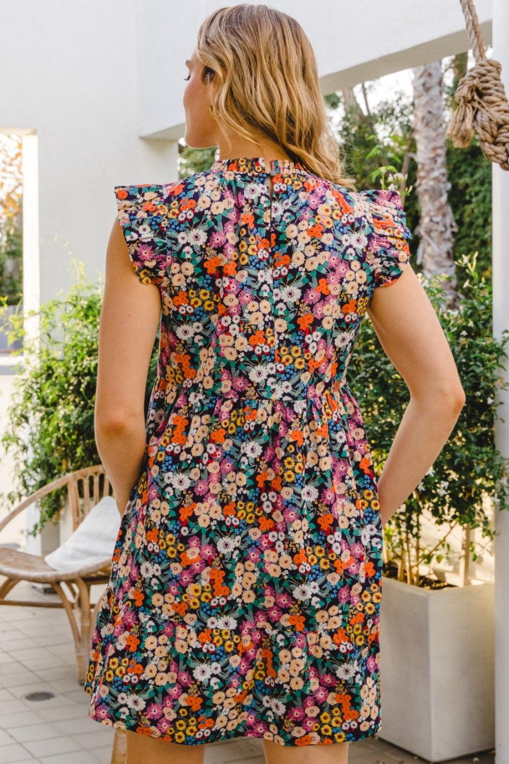ODDI Full Size Floral Ruffled Cap Sleeve Mini Dress - AMIClubwear