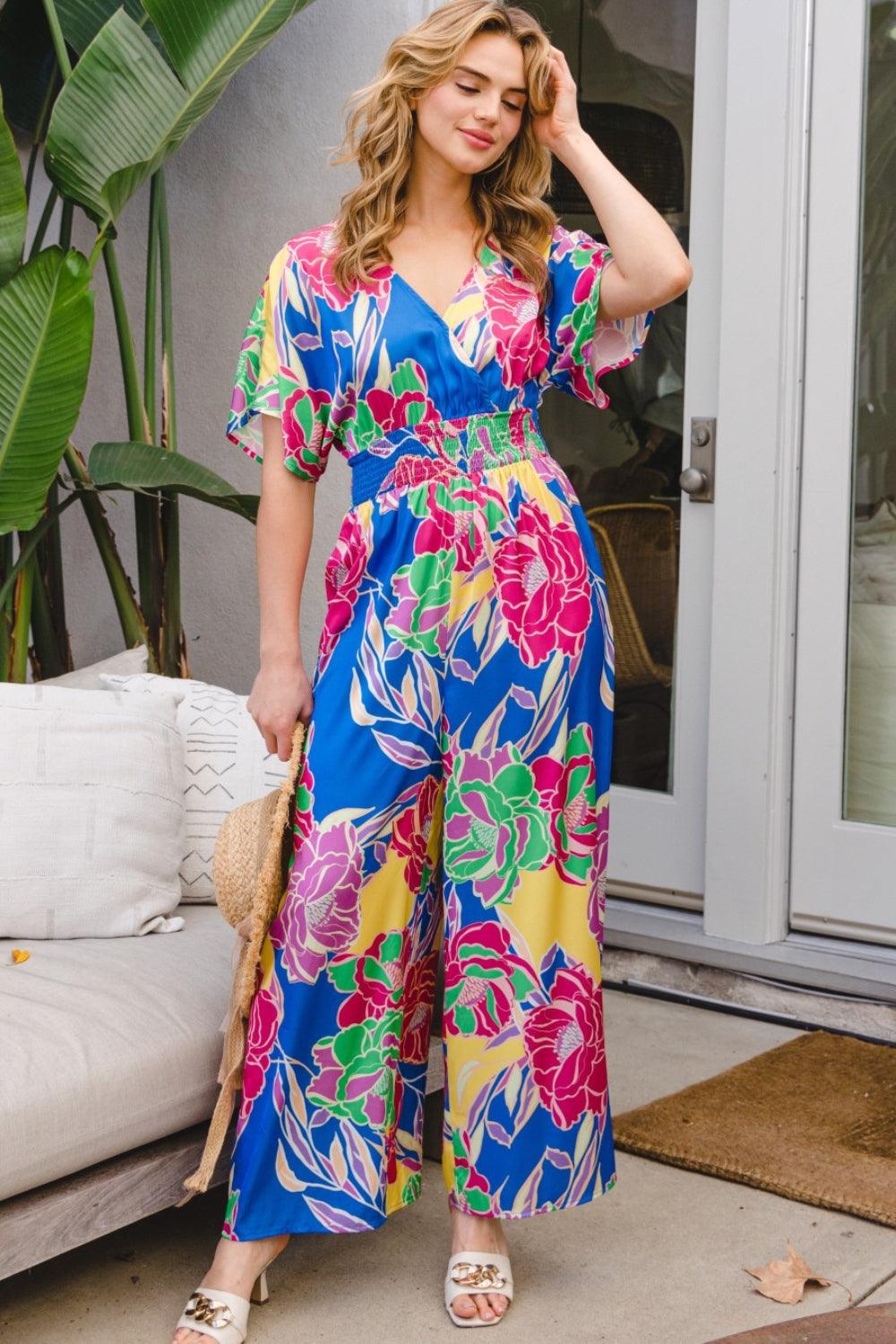 ODDI Full Size Floral Smocked Tied Back Jumpsuit - AMIClubwear