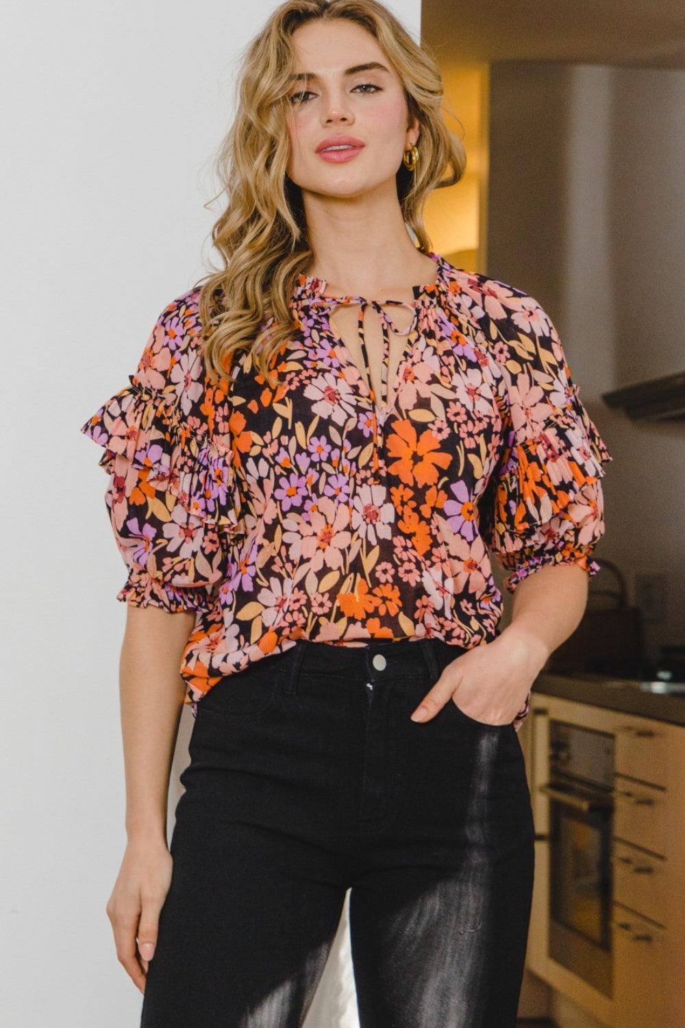 ODDI Full Size Floral Tie Neck Ruffled Blouse - AMIClubwear