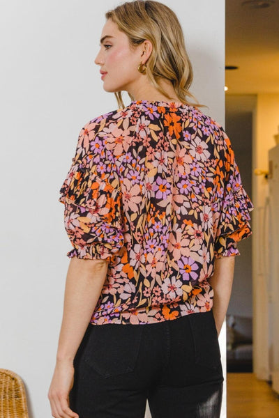 ODDI Full Size Floral Tie Neck Ruffled Blouse - AMIClubwear