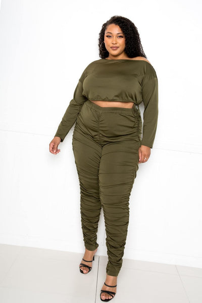 Off Shoulder Cropped Top And Ruched Leggings Sets - AMIClubwear