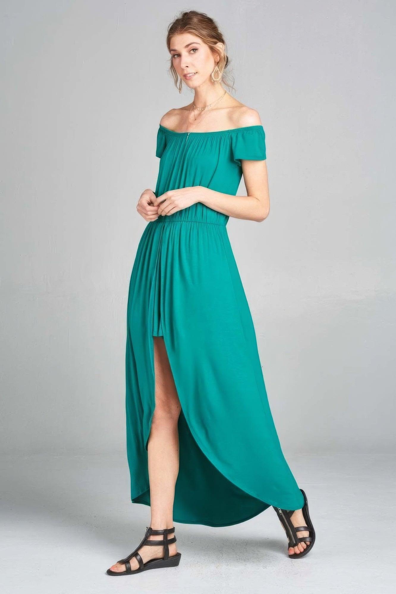 Off Shoulder Solid Jersey Romper Maxi - AMIClubwear