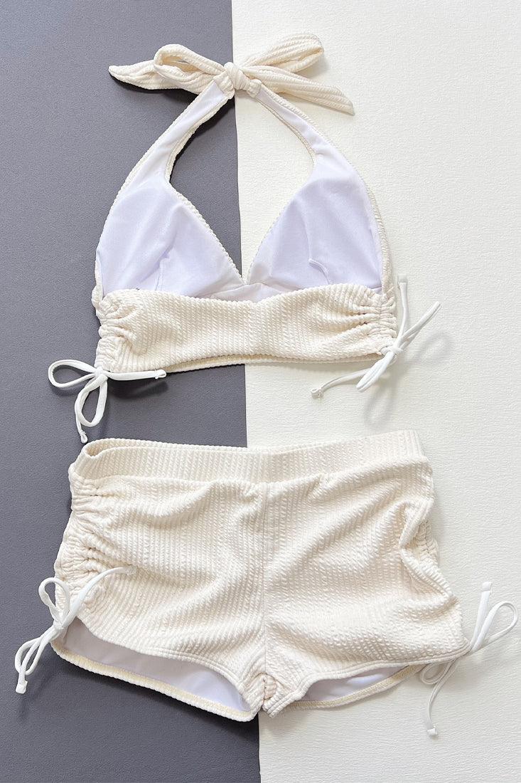 Off White Halter Ruched Booty Shorts 2Pc Sexy Swimsuit Set