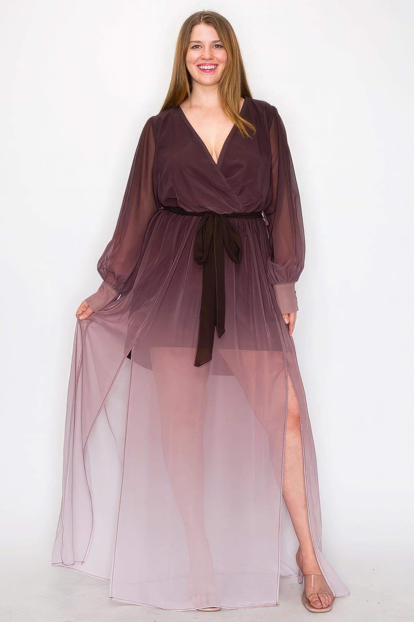 Ombre Chiffon Wrap Front Long Sleeve Tie Waist Slit Front Maxi Dress - AMIClubwear