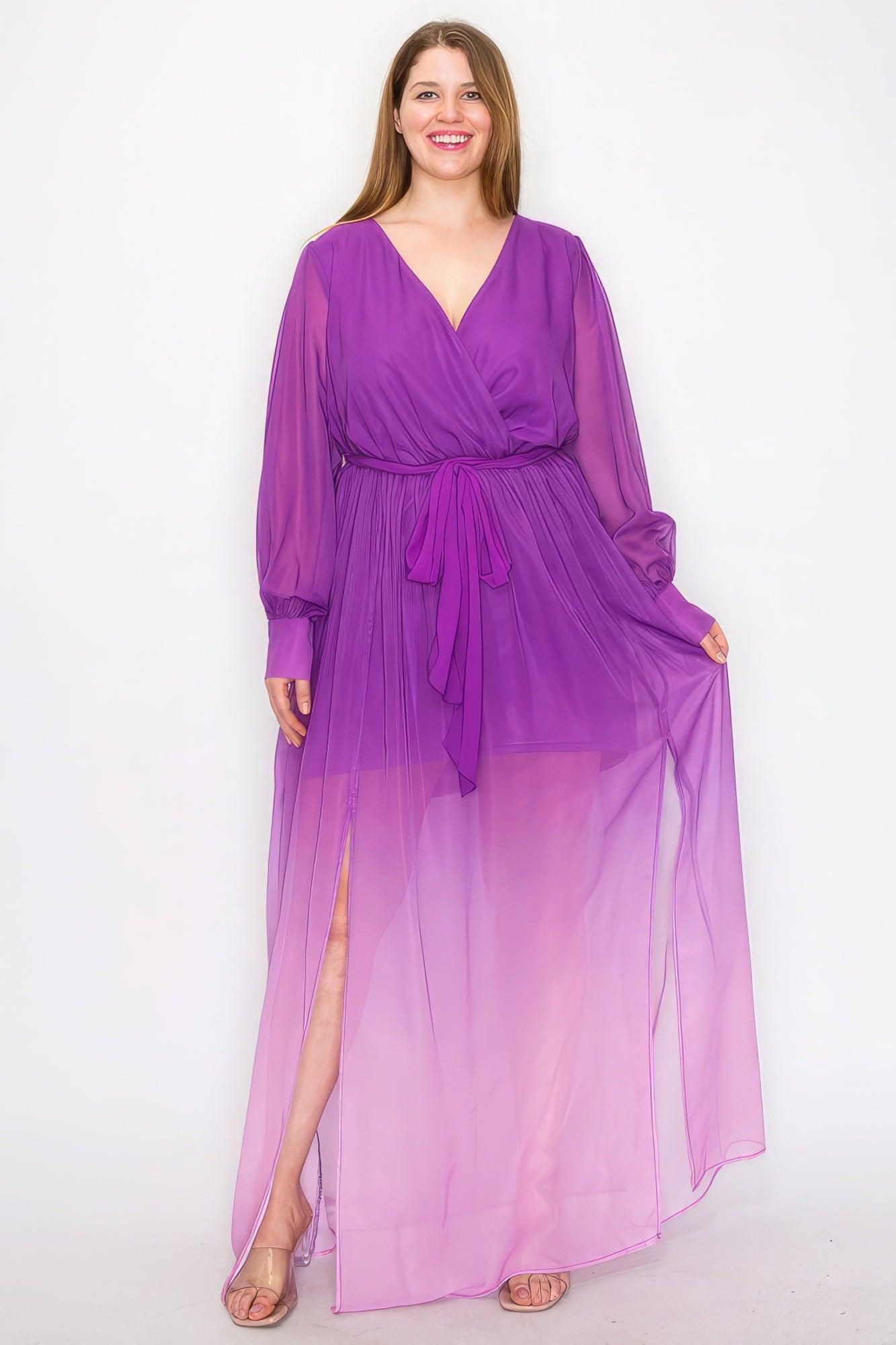 Ombre Chiffon Wrap Front Long Sleeve Tie Waist Slit Front Maxi Dress - AMIClubwear