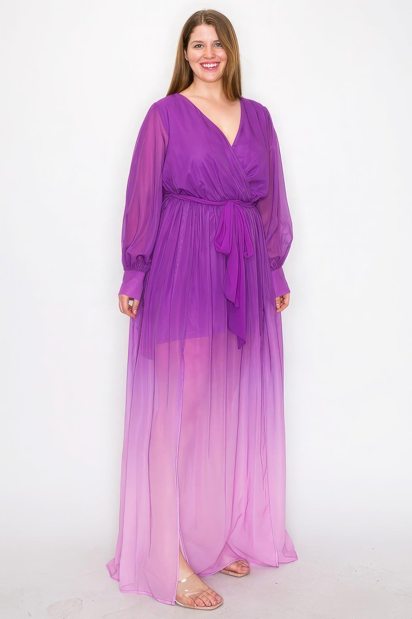 Ombre Chiffon Wrap Front Long Sleeve Tie Waist Slit Front Maxi Dress - AMIClubwear